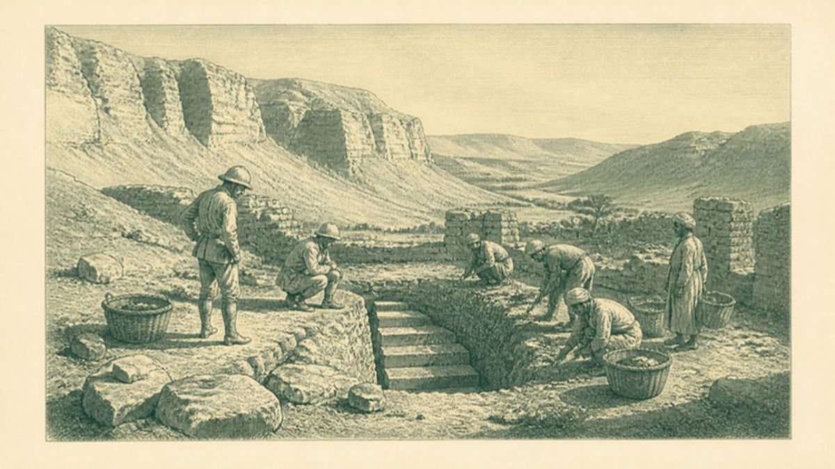Otkopavanje stepenika u Dolini kraljeva 1922, gravura